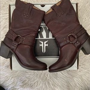 Dark brown Frye boots.